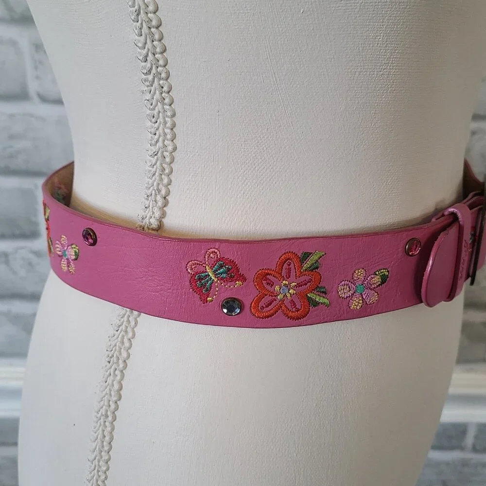 Childrens Place Pink Embroidered Leather Belt Brass Buckle